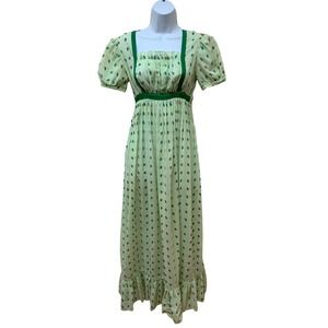 Vtg Semi Sheer Lined Smocked Front Chenille Floral Cottagecore Dress Puff Sleeve